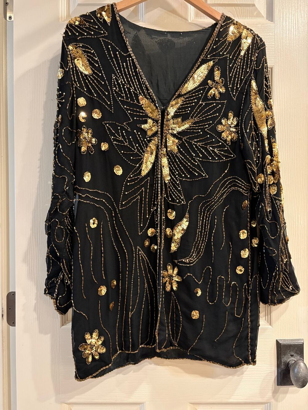 Vintage 1980s Silk Gold Beaded Kimono Cardigan Size Medium Sequin Floral Top